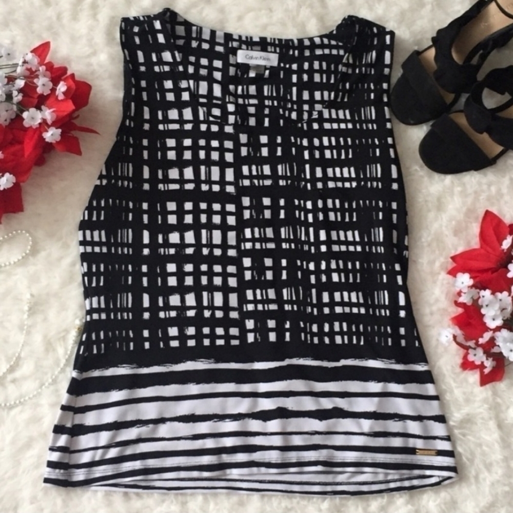 Calvin Klein Tank Top Sleeveless Blouse Women's Medium M Black White Career EUC